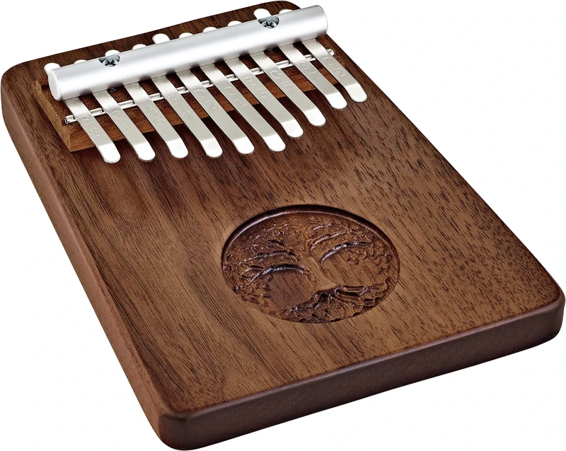 Sonic Energy Solid Body Kalimba – 10 notes in C Major – For Meditation, Yoga, Percussion – Black Walnut Wood, Tree of Life relief – Including Accessories (KL1001TOL)