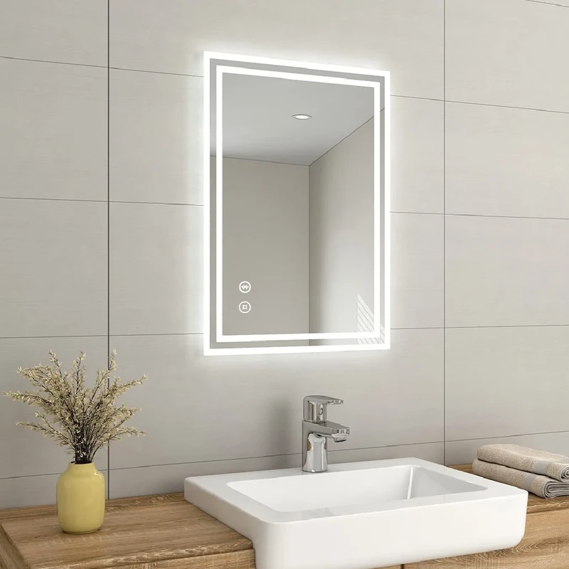EMKE 500 X 700 mm Backlit Illuminated Bluetooth Bathroom Mirror with Shaver Socket, Wall Mounted Multifunction Bathroom Vanity Mirror with LED Lights and Demister Pad, Energy-Saving LED Smart Mirrors