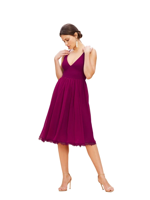 Dress the Population Women's Sleeveless Plunging Fit and Flare Midi Dress, Dark Magenta, M