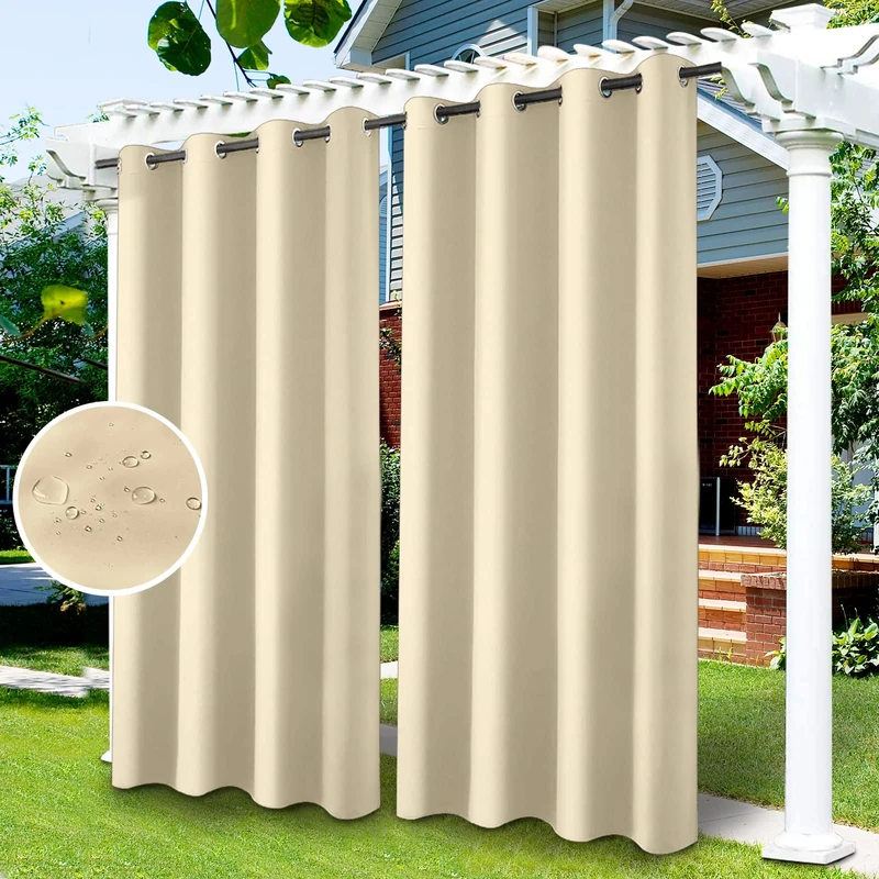 LiveGo Outdoor Patio Curtain, Blackout Waterproof Curtain, Thermal Insulated Outdoor Garden Curtain for Porch/Pergola/Yard/Sliding Door/Arbor (4 Panels, 52" Wx 84" L, Beige)