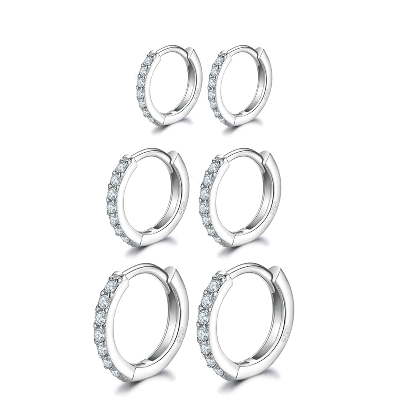 Silver Hoops Earrings for Women, 925 Sterling Silver Post Small Silver Hoop Earrings with AAA Cubic Zirconia, 3 Pairs Small Sleeper Hoops Huggie Hinged Earrings (8/10/12mm)