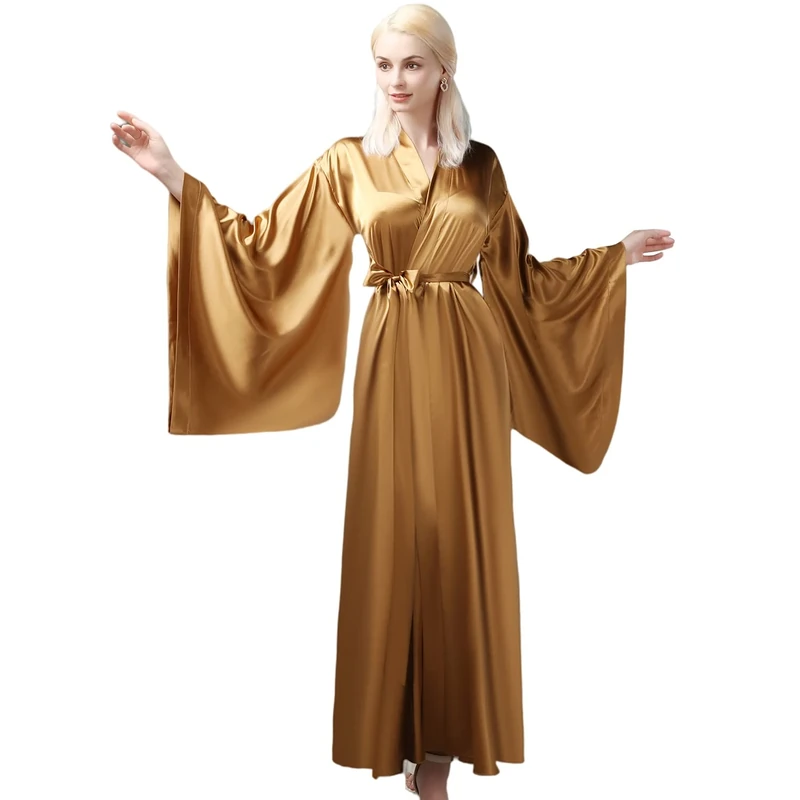 MAYILNSIN Satin Kimono Robe Long Silk Robe Dark Gold Dressing Gown Soft Wedding Party Bathrobe Plus Size Robe Boudoir