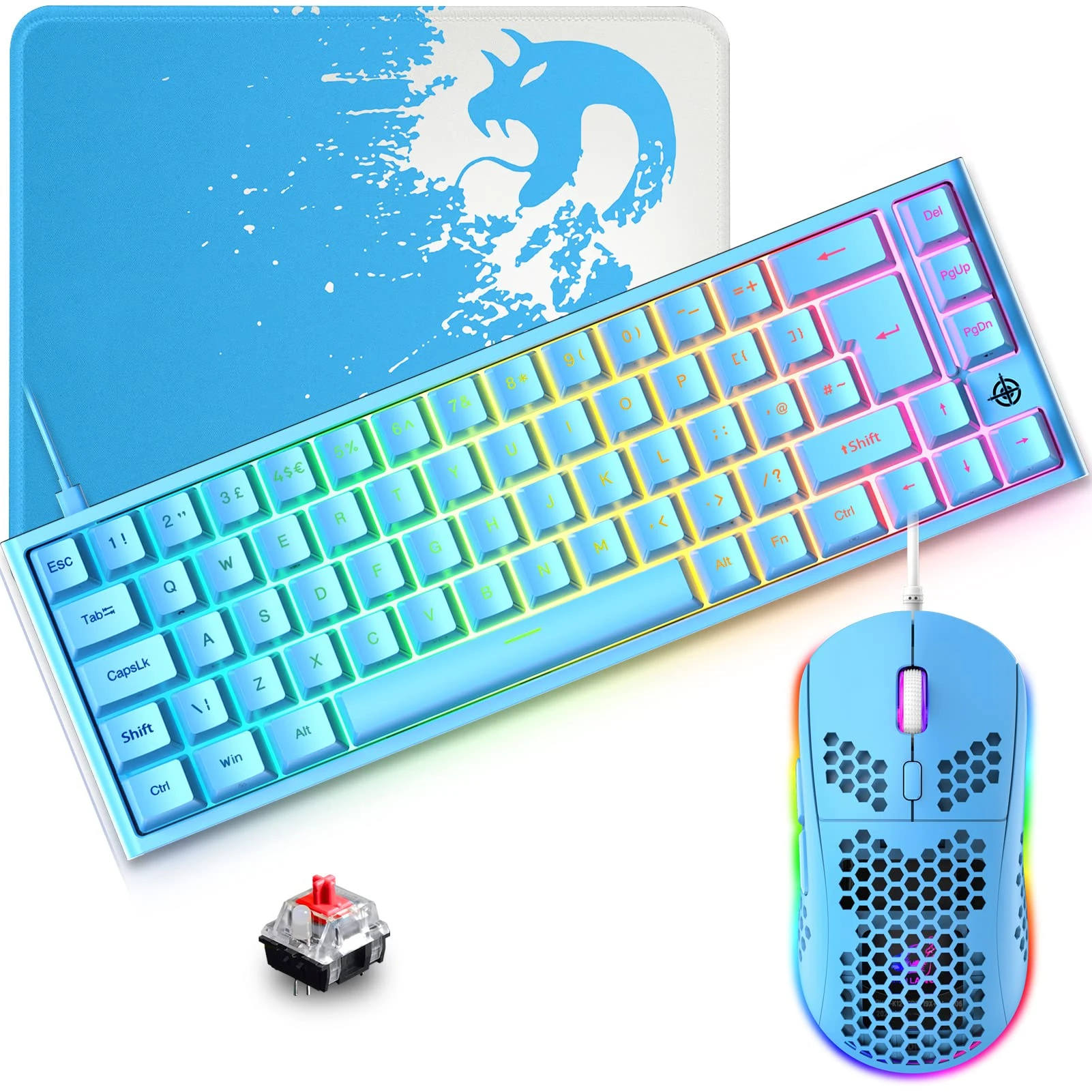 Wired RGB Backlit Mechanical Gaming Mouse Keyboard, 68 Keys QWERTY Red Switch Keyboard Lightweight 7 Buttons 6400DPI Large Mouse Pad for PC Windows Mac PS4 XBox, Blue