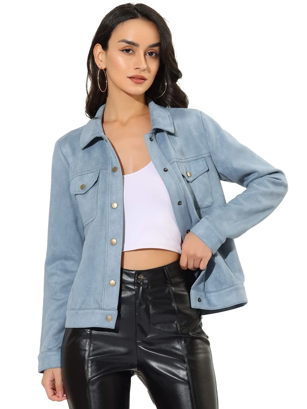 Allegra K Women's Turn-Down Collar Flap Pockets Snap Button Faux Suede Jacket, Light Blue, XS