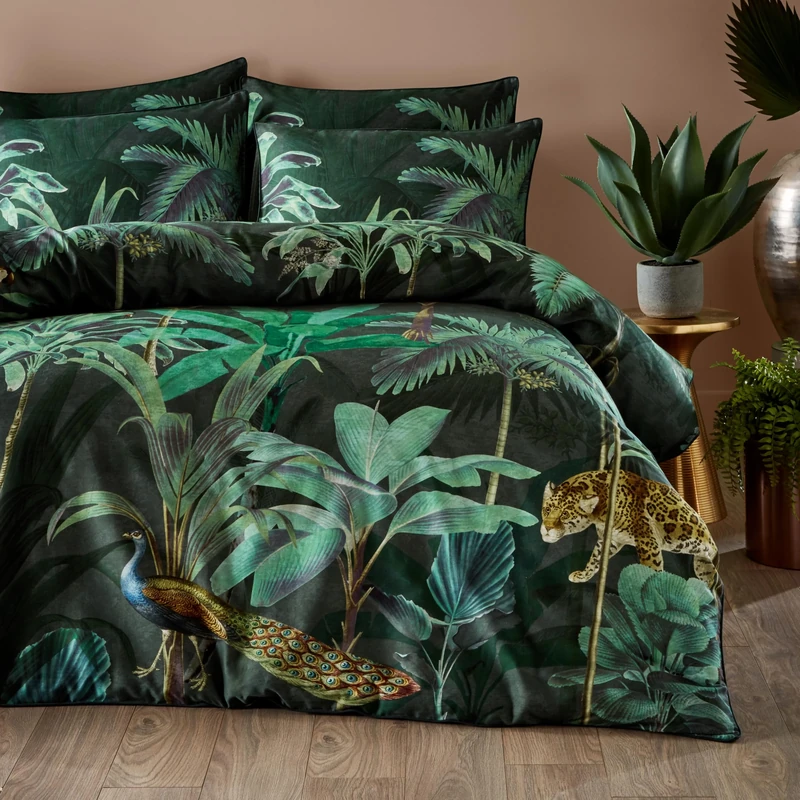 Paoletti Siona Duvet Cover Set – Wild Animals Luxe Cotton Bedding (Midnight Green – Super King)