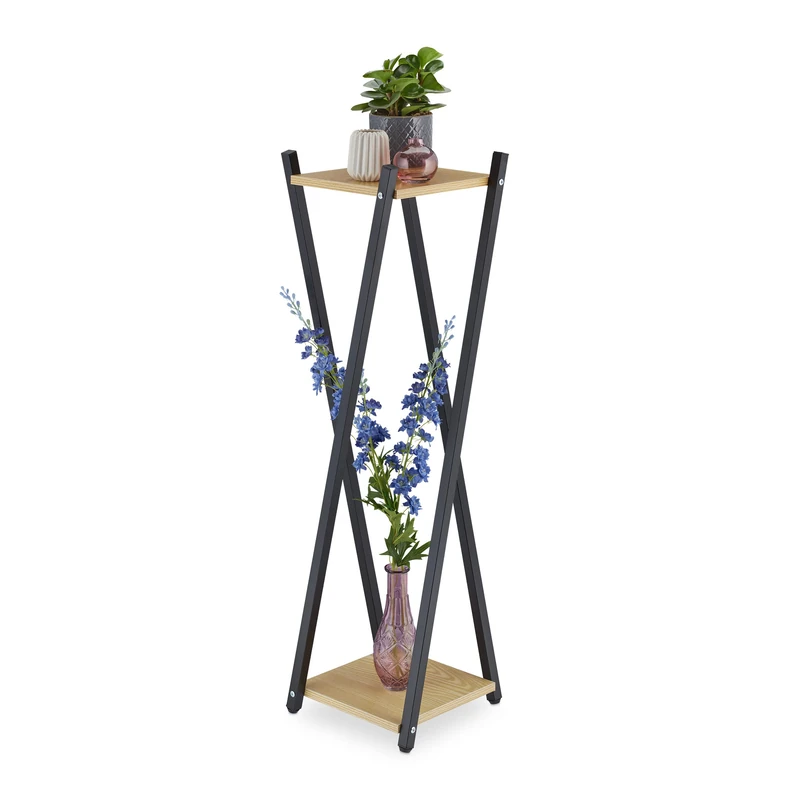 Relaxdays Plant Stand, 2 Tiers in Wooden Look, Modern Pot Holder, 99x29x29 cm, Black Metal Frame in X-Form, Light Brown