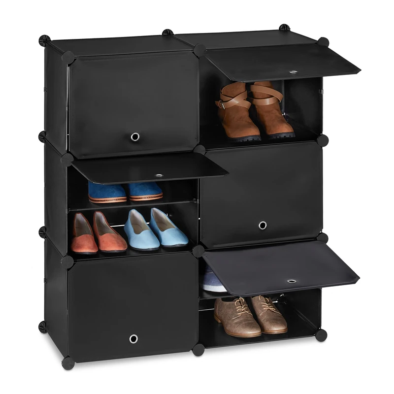 Relaxdays Shoe Cabinet, Storage with Doors, HxWxD: 95 x 85 x 31.5 cm, 12 Compartments, Plastic Shelving System, Black - Image 1