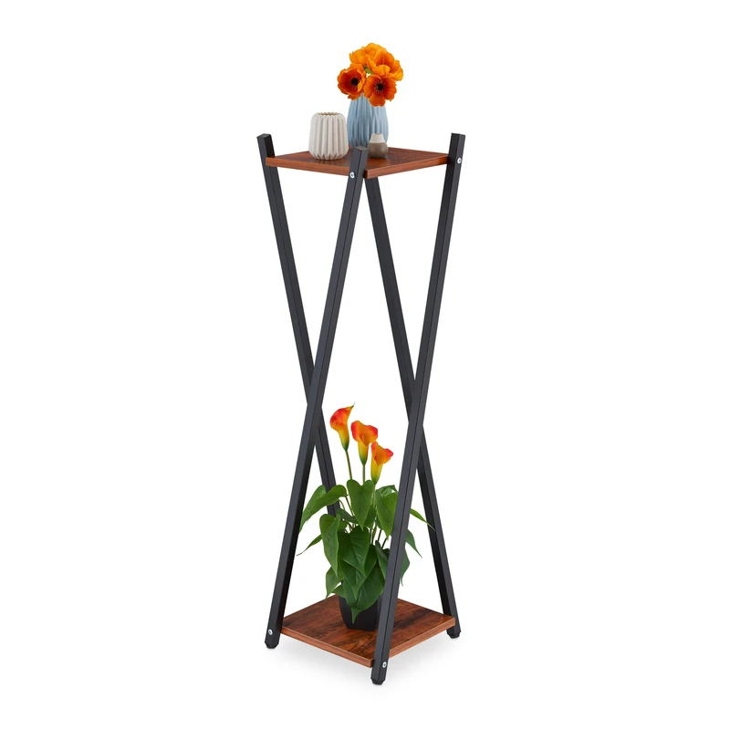 Relaxdays Plant Stand, 2 Tiers in Wooden Look, Modern Pot Holder, 99x29x29 cm, Black Metal Frame in X-form, Dark Brown, Steel