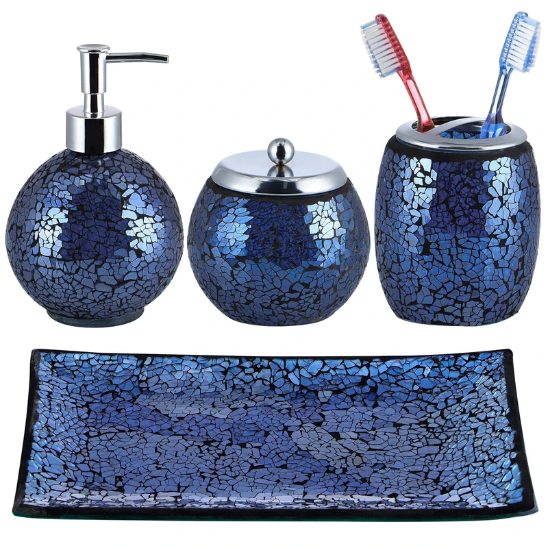 Sanbege 4 Pcs Mosaic Glass Bathroom Accessories Set, Modern Luxury Bath Ensemble, Includes Soap Dispenser, Cotton Swab Jar, Toothbrush Holder, Vanity Tray (Shiny Blue) - Image 1