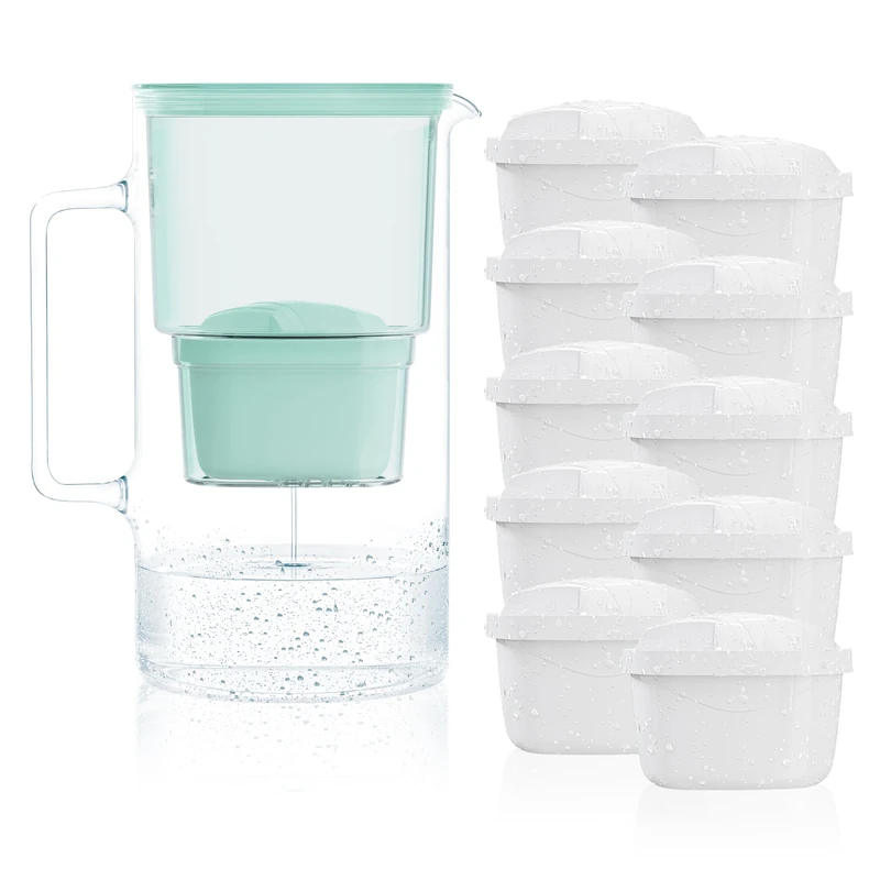 Wessper Water Filter Jug Glass 3 L, Set Water Jug and 10 Filter Cartridges, Water Carafe for Drinking Water with Replacement Filter Compatible with Brita Maxtra - Mint
