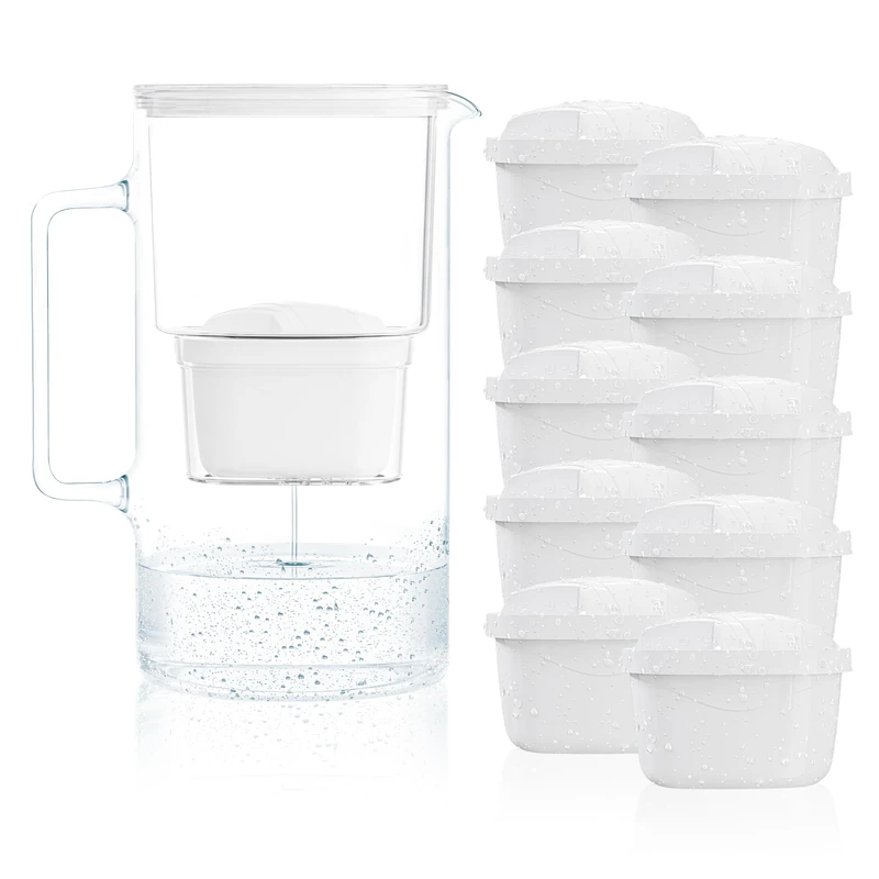 Wessper Water Filter Jug Glass 3 L, Set Water Jug and 10 Filter Cartridges, Water Carafe for Drinking Water with Replacement Filter, Compatible with Brita Maxtra - White