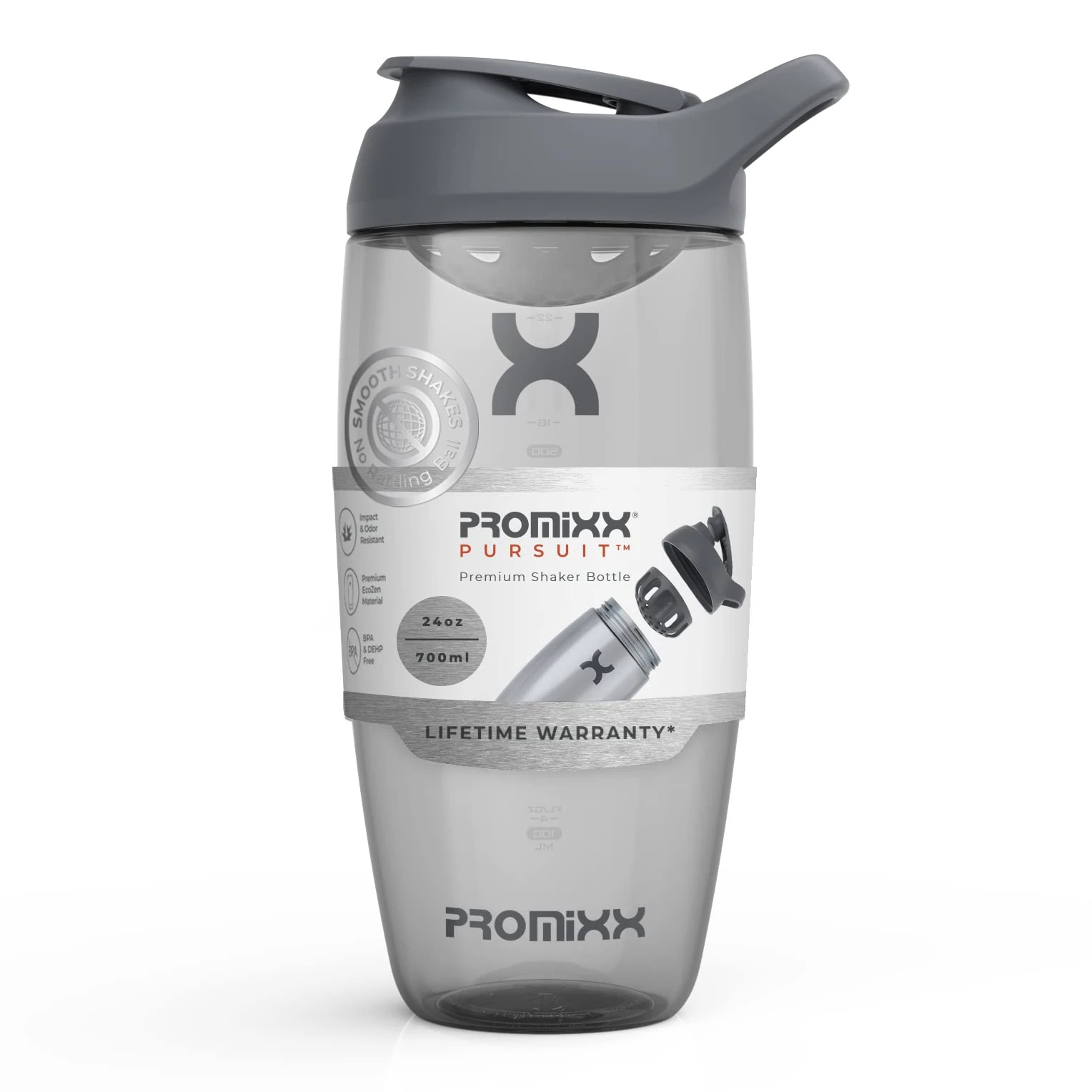 Promixx Pursuit Protein Shaker Bottle - Premium Shaker for Protein Shakes - Lifetime Durability, Leakproof, Odourless - 700ml / 24oz (Graphite Gray)