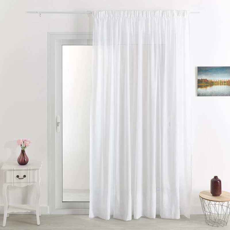 HomeMaison.com Classic Plain Polyester Linen Net Curtain with Lead Bottom White 420 x 240 cm
