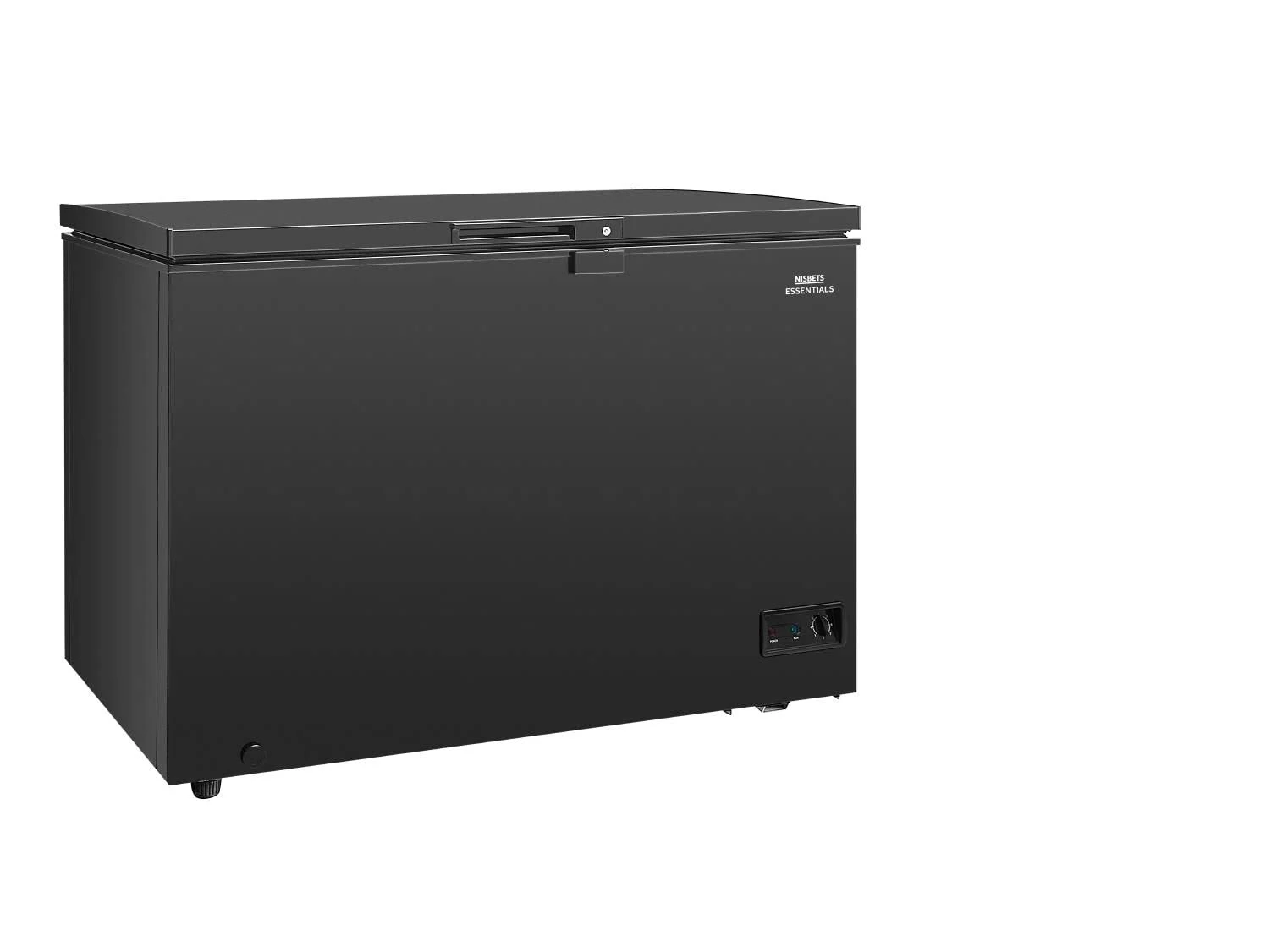 Nisbets Essentials 115W Chest Deep Freezer 282 Litre, Black, -24°C to -18°C, Size: 845(H) x 1116(W) x 644(D) mm, Whisper-Quiet Operation, Energy Rating F | DA536