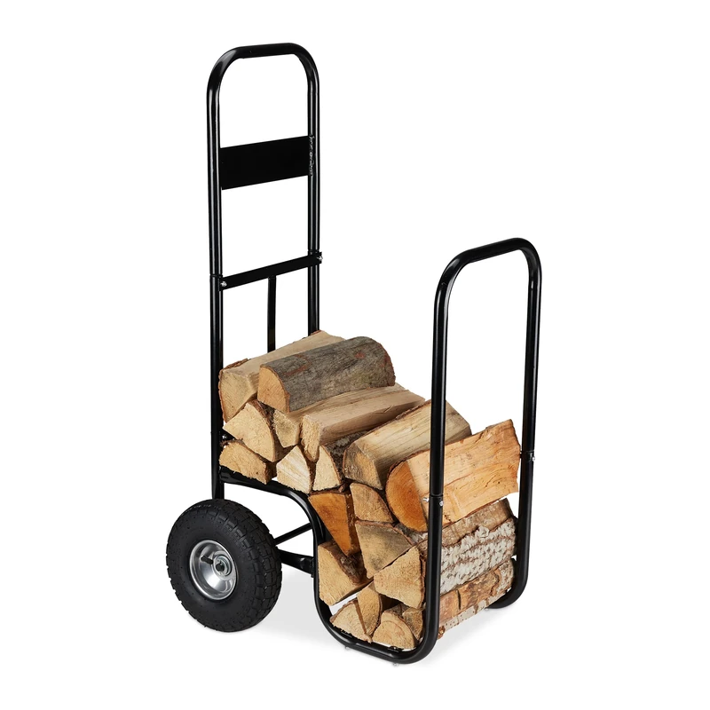 Relaxdays Log Holder Cart, Steel Firewood Trolley, with 2 Pneumatic Tyres, Wood Transport & Storage, up to 60 kg, Black, 108.5 x 52 x 59 cm