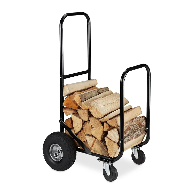Relaxdays Log Holder Cart, 2 Tyres and 2 Castors, up to 60 kg, Steel Firewood Trolley, Wood Transport & Storage, Black, 107.5 x 52 x 58 cm
