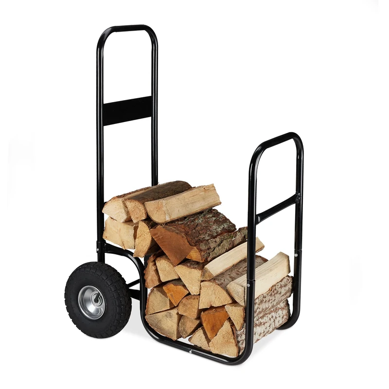 Relaxdays Log Holder Cart, Steel Firewood Trolley, with 2 Pneumatic Tyres, up to 60 kg, Wood Transport & Storage, Black, 107 x 53 x 69 cm