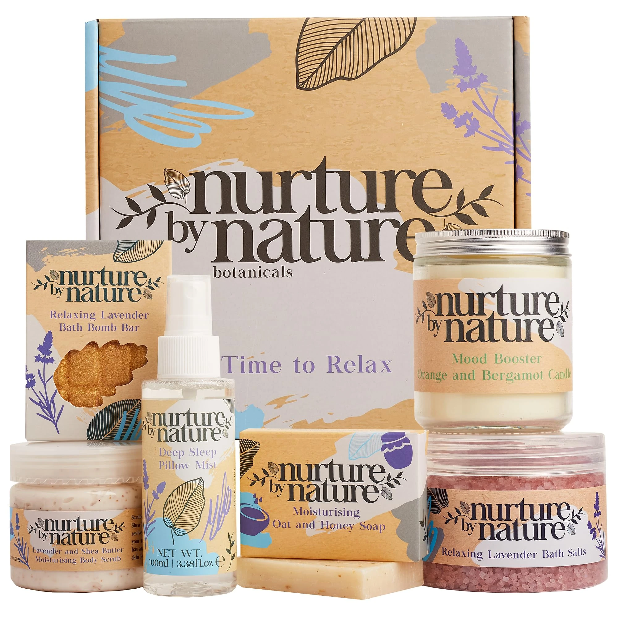 Nurture by Nature Relax & Calm Pamper Gifts for Women – 6 Piece Spa Gift Set with Lavender Pillow Spray, Bath Salts, Body Scrub & Soap – Vegan & Cruelty Free – Christmas Gifts for Women, Gifts for Her