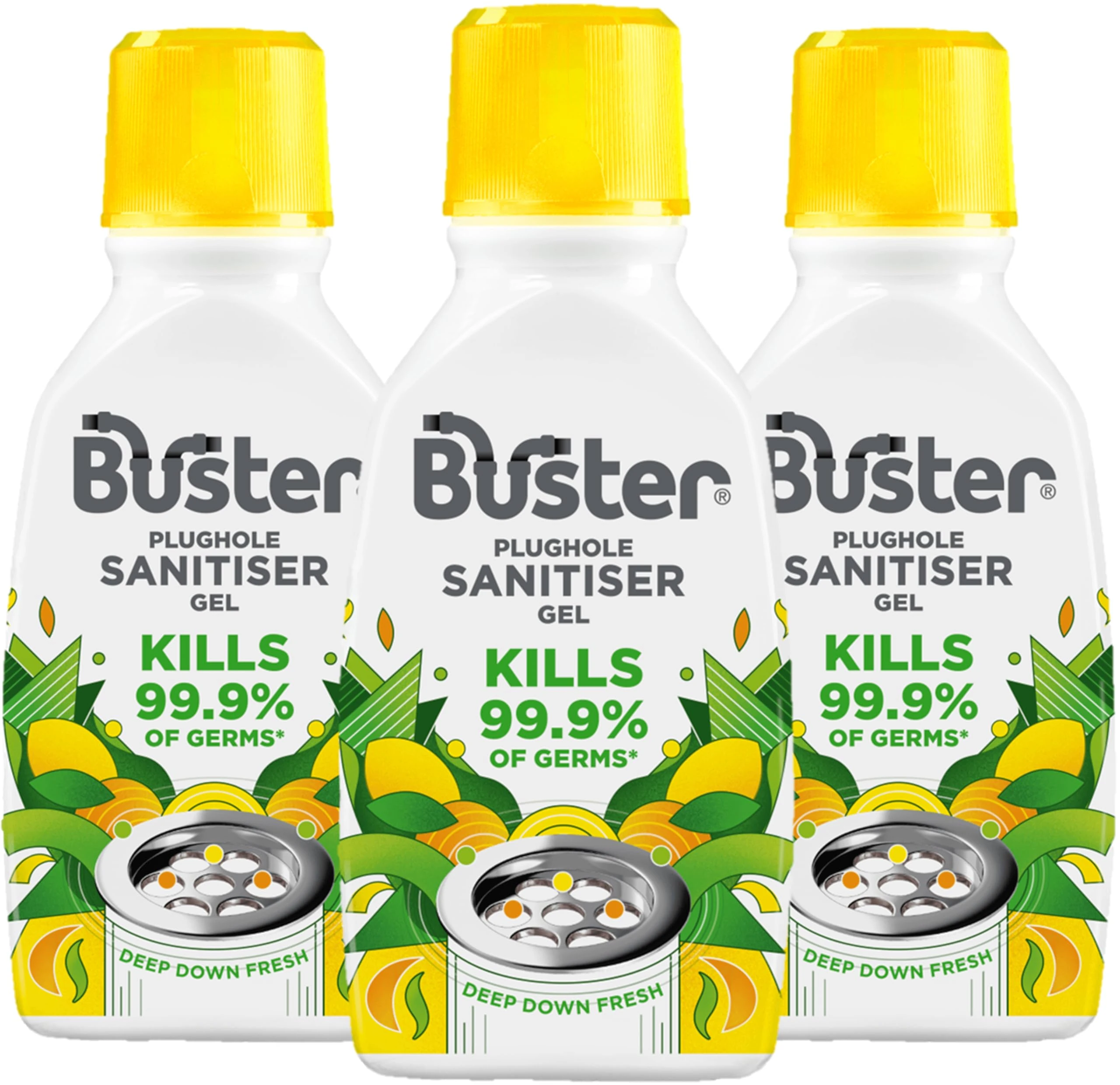 Buster Sanitiser Gel Citrus, 300ml, Pack of 3 – Stop Smelly Plugholes, Sinks & Drains - Removes Stains & Kills 99.9% Germs - Fast Acting - Long Lasting Sink & Drain Freshener