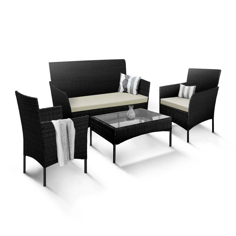 KEPLIN 4pc Rattan Garden Furniture Set – Outdoor Lounger Sofa, Chairs and Table Bistro Set for Lawn, Patio, Inside Conservatory – Easy to Store, Stackable, Ideal for Dining in the Sun (Black)