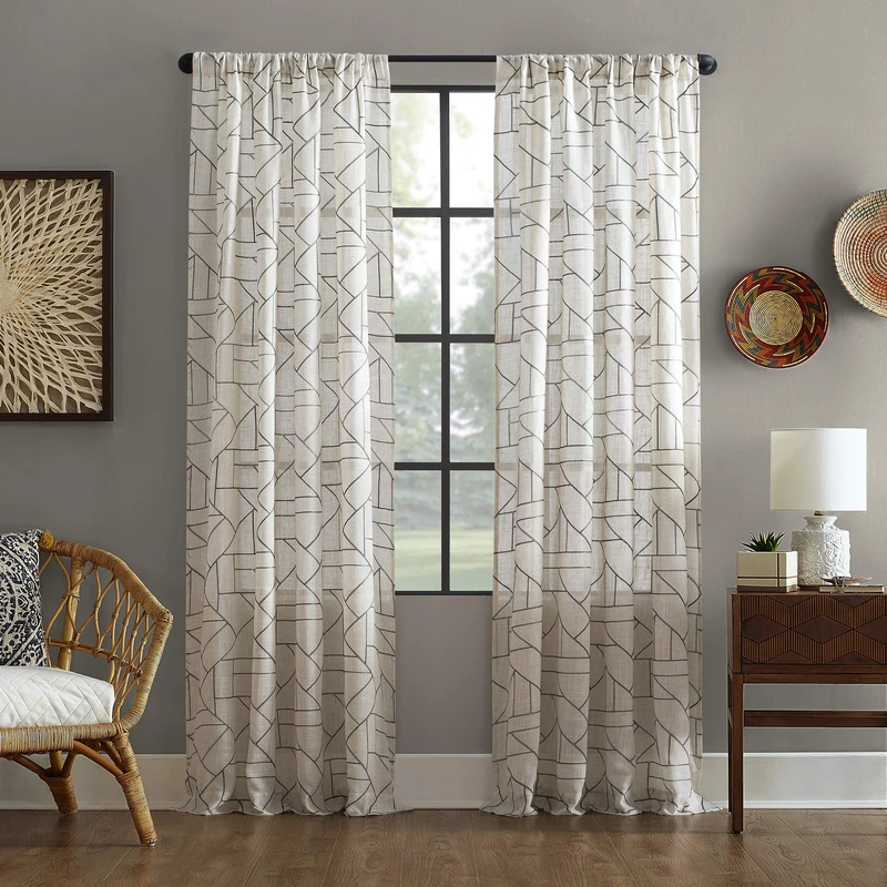 Archaeo Fragmented Geometric Embroidery Mid-Century Modern Natural Linen Blend Curtain, 50" x 108", Gray/Linen