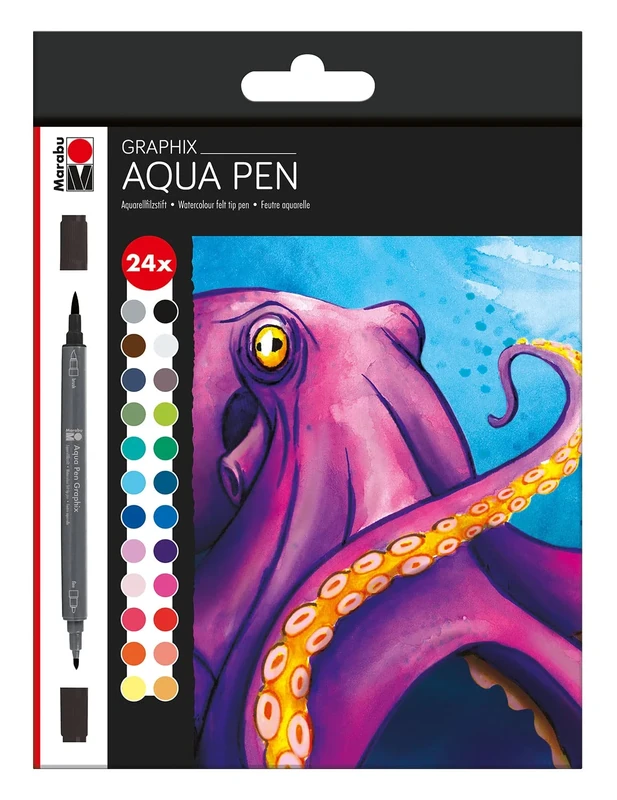 Marabu 014500000106 - Aqua Pen Graphix, Octopy, 24 Watercolour Felt-Tip Pens in Set with Brilliant Colour, Water-Based Ink, Double Tip, Watercolour Paper
