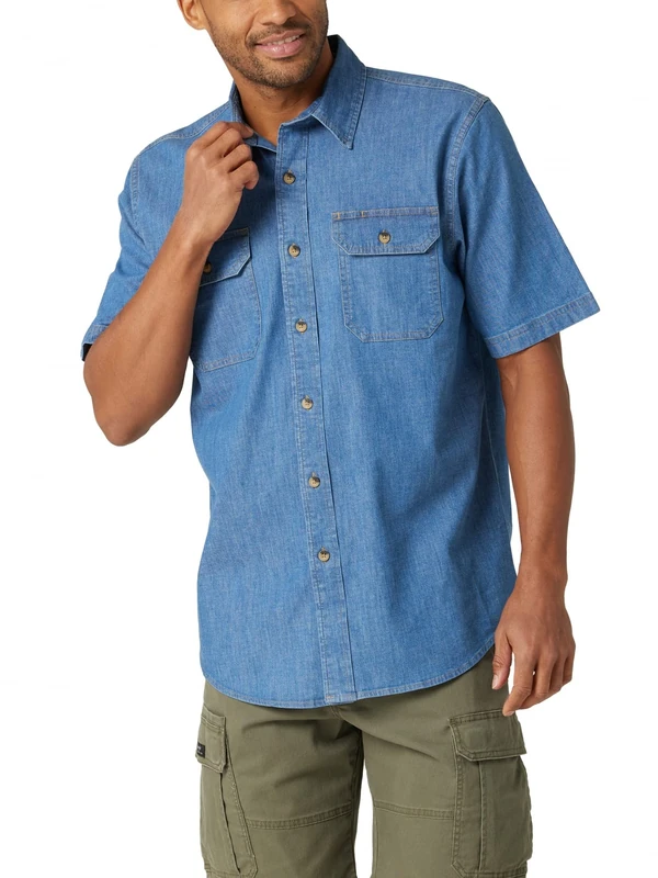 Wrangler Authentics Men's Short Sleeve Classic Woven Shirt Button, Mid Wash, Medium