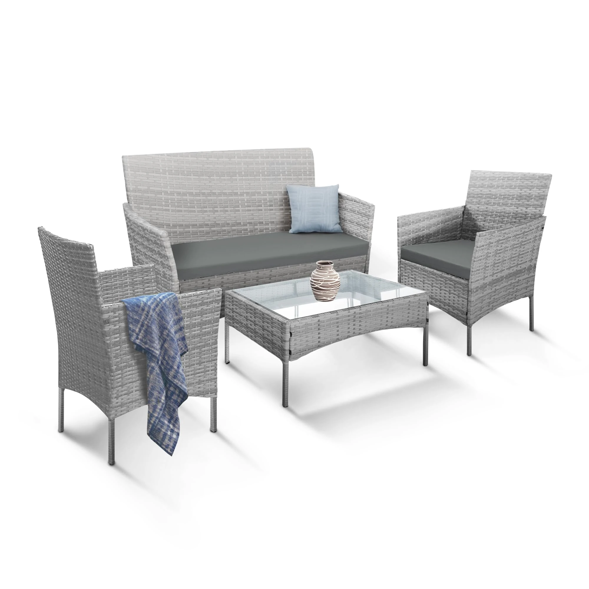 KEPLIN 4pc Rattan Garden Furniture Set – Outdoor Lounger Sofa, Chairs and Table Bistro Set for Lawn, Patio, Inside Conservatory – Easy to Store, Stackable, Ideal for Dining in the Sun (Grey)