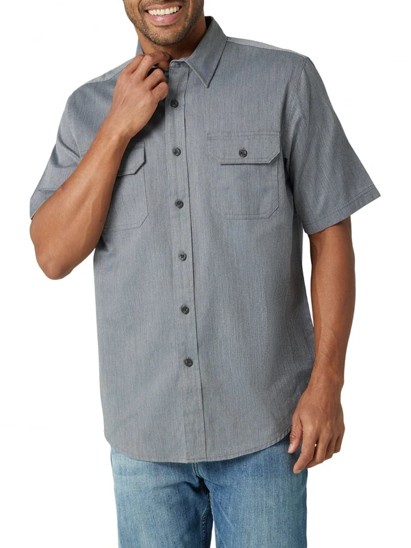 Wrangler Authentics Men's Short Sleeve Classic Woven Shirt Button, Asphalt Heather, Large