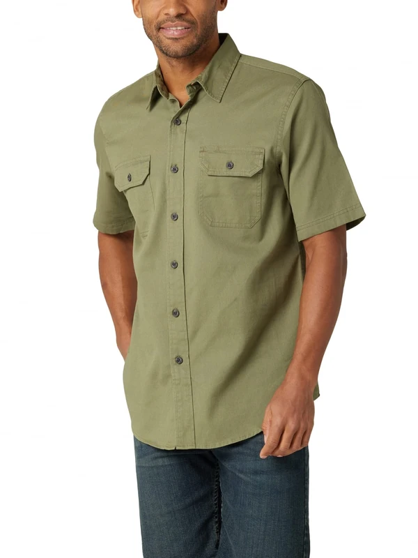 Wrangler Authentics Men's Short Sleeve Classic Woven Shirt Button, Olivine, Large