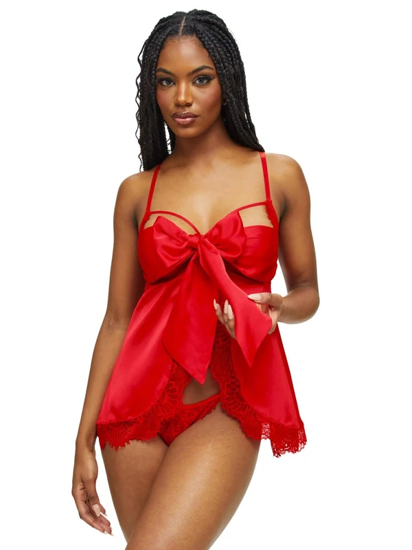 Ann Summers Valentines - Unwrap Me Satin Babydoll, Sexy Christmas Costume for Women, Satin Lingerie Set, Lace Babydoll with Wrap Bow Detail & Matching Crotchless Thong Red