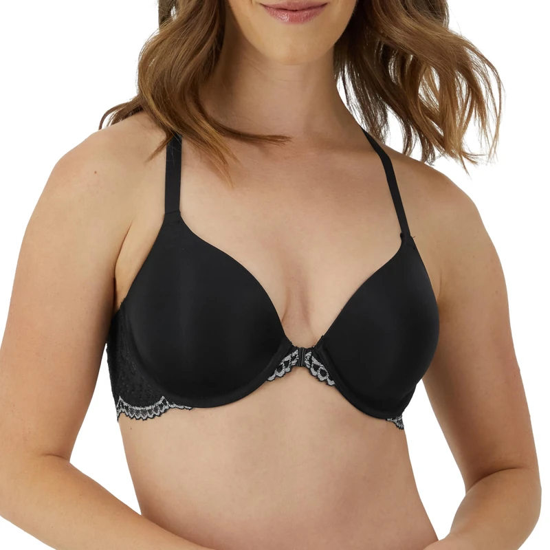 Maidenform Women's Racerback Shaping & Support, One Fab Fit Underwire Bras, Lightly Lined, Front Closure T-Shirt, Opaque, Black/Eiffel Grey, 36C