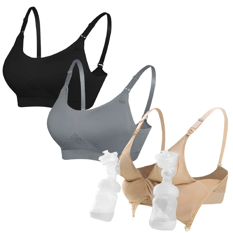 4How Pumping Bra Hands Free Nursing Pumping aBra All in One Wireless Padded Maternity Bralette for Large Bust, Black+Beige+Grey, M