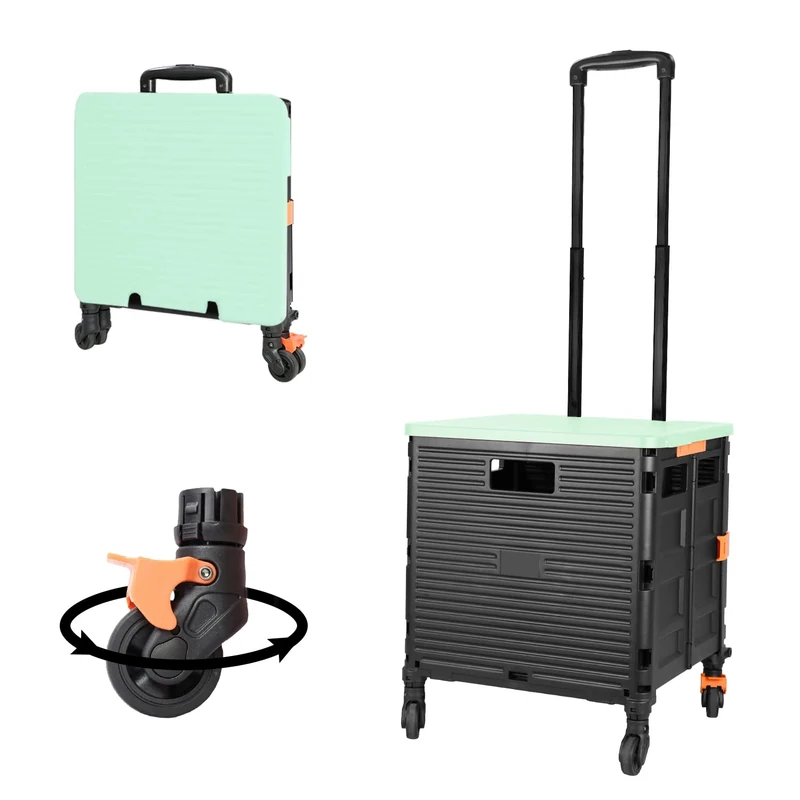 Foldable Utility Cart Folding Portable Rolling Crate Handcart with Durable Heavy Duty Plastic Telescoping Handle Collapsible 4 Rotate Wheels for Travel Shopping Moving Luggage Office Use (Black+Green)