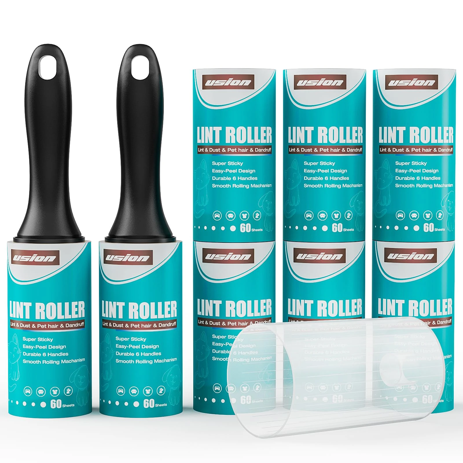 USION Extra Sticky Lint Rollers for Pet Hair, 480 Sheets of Lint Roller Refills and 2 Handles, Clothes Roller Sticky for Pet Hair Clothes Carpet (1 Extra Protective Cover)