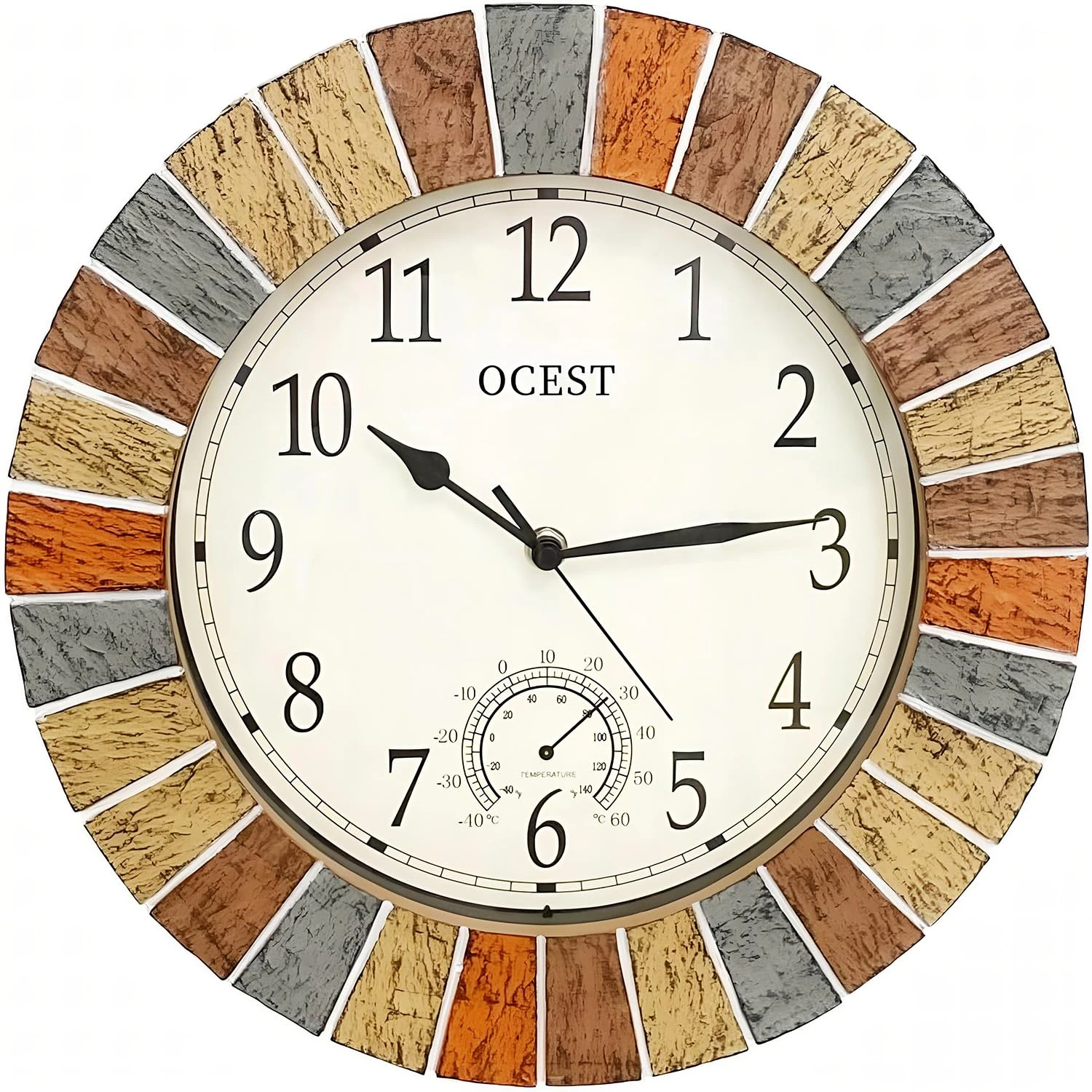 OCEST 13inch Garden Clock, Large Waterproof Outdoor Indoor Wall Clocks with Thermometer, Weather-Resistant Non-Ticking Battery Operated Decor for Patio, Pool
