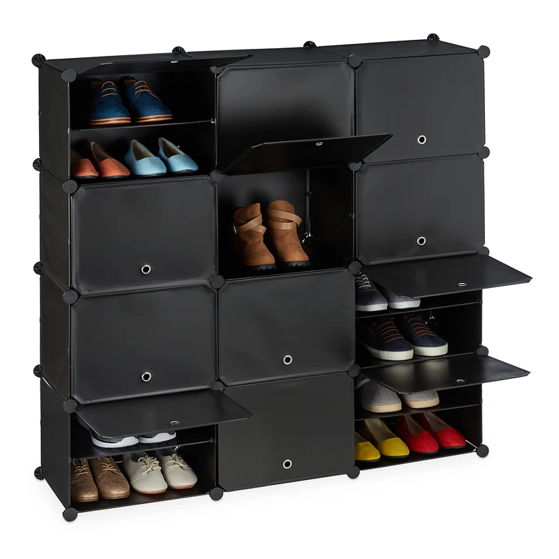 Relaxdays Shoe Cabinet, Storage with Doors, HxWxD: 125 x 125 x 31.5 cm, 24 Compartments, Plastic Shelving System, Black