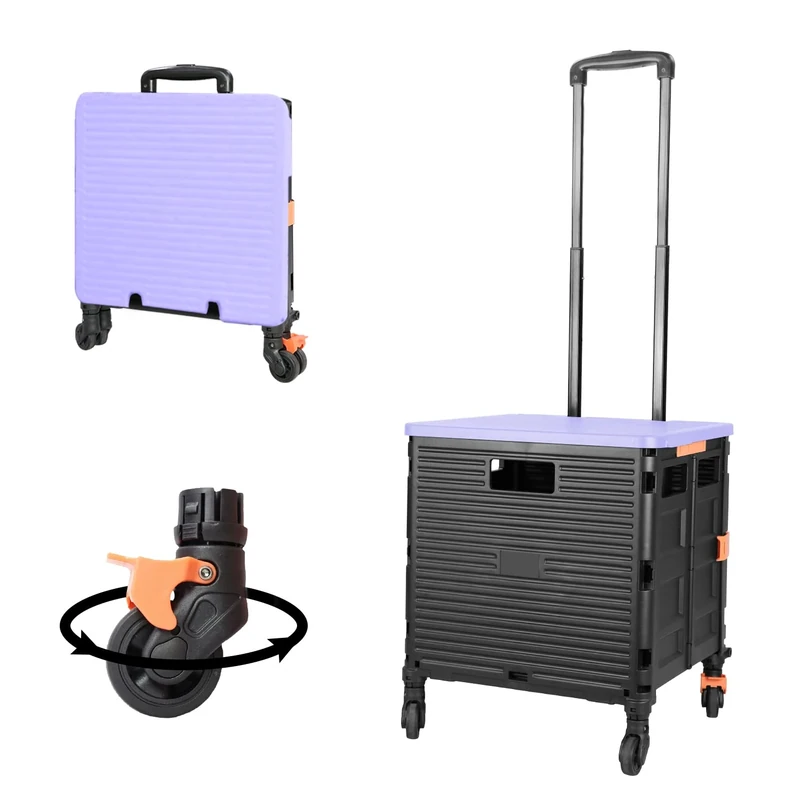 Foldable Utility Cart Folding Portable Rolling Crate Handcart with Durable Heavy Duty Plastic Telescoping Handle Collapsible 4 Rotate Wheels for Travel Shopping Moving Luggage Office Use(Black+Purple)