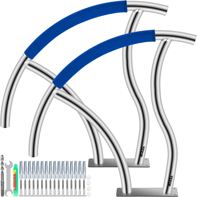 VEVOR Pool Handrail, 30" x 30" Swimming Pool Stair Rail, 2 PCs Stainless Steel Stair Pool Hand Rail Rated 375lbs Load Capacity, Pool Rail with Quick Mount Base Plate, and Complete Mounting Accessories