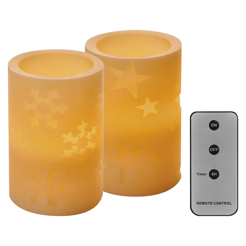EMOS Vintage LED Wax Candles with Winter Motifs, Pack of 2, 6h Timer, Warm White, Battery Operated (2 x AA Each), with Remote Control (1 x CR2032), Lifespan 10,000 Hours, Indoor, Wax