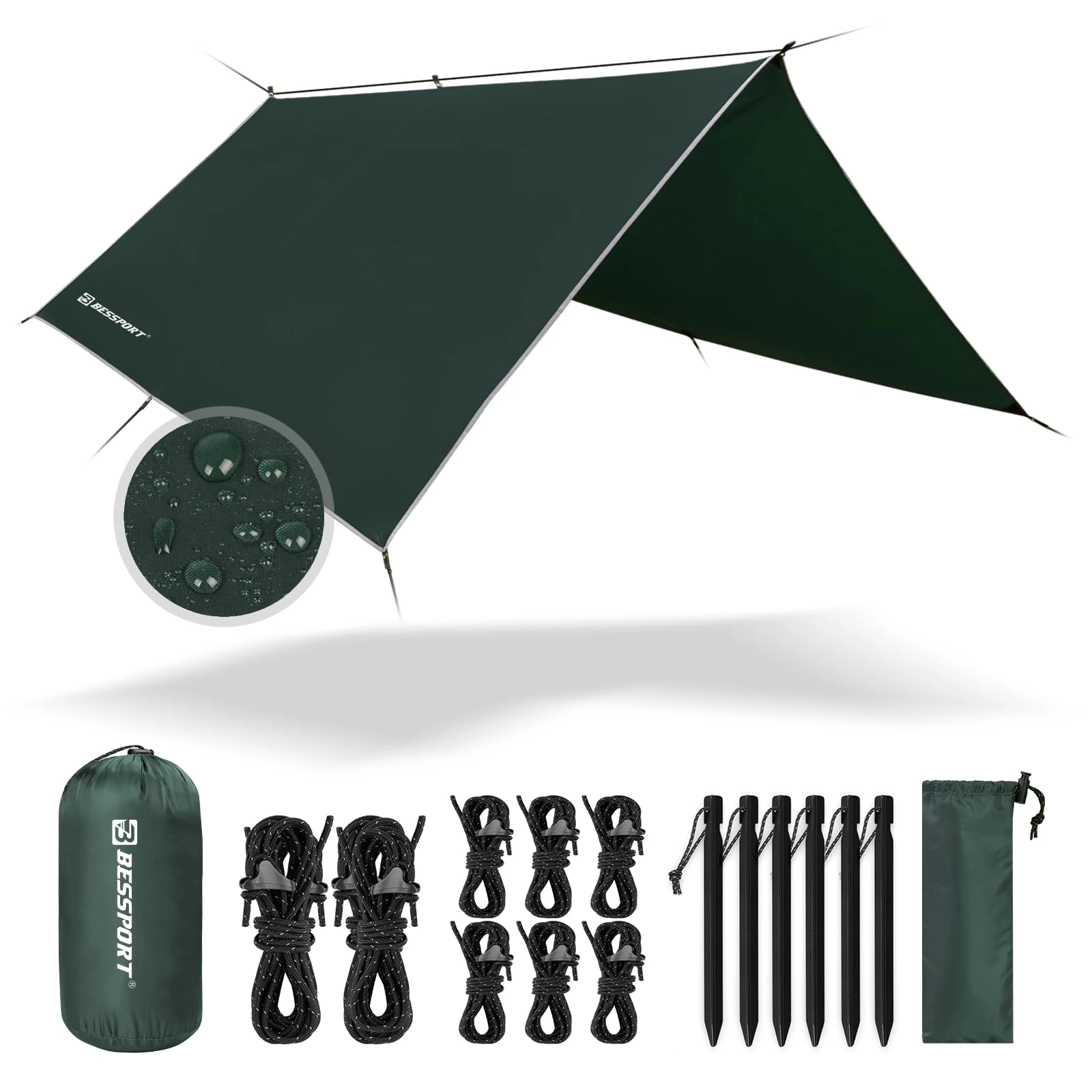 Bessport Tent Tarp, Camping Tent Tarp 3m x 3m/3m x 4m Waterproof PU3000 mm for hammock, tarp with eyelets & 6 aluminium stakes & 8 nylon ropes, anti-UV Suitable for camping, picnic, hammock