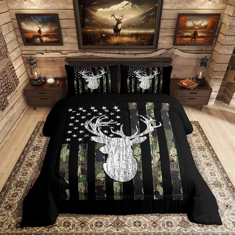 American Flag Comforter Set,Deer Hunting Down Comforter Army Green Military Camo Bedding Set Full for Boys Teens Kids Man,Western Farmhouse Stars Stripes Bedding Quilt Set Bedroom Decor 3 Pcs