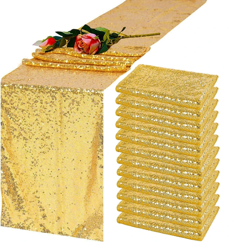 TCBESTO 12 Pack Gold Sequin Table Runner 12x72 Inch, High Density Sparkly Glitter Table Runners for Wedding Reception, Birthday Party, Baby Shower, Shimmering Gold Decor