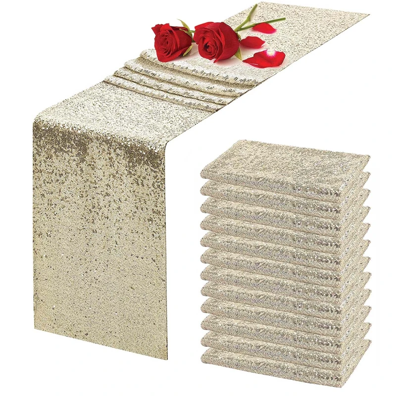 TCBESTO 12 Pack Champagne Sequin Table Runner 12 x 108 Inch - High Density Sparkly Glitter Table Runners for Wedding, Baby Shower, Birthday, Banquet, Champagne Shimmer Party Decor