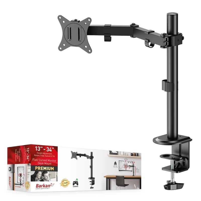Barkan Monitor Desk Mount for Flat/Curved Screens Sizes 13-34 inch, Full Motion - 5 Movements, Ergonomic, 360 Degree Rotation, Touch & Tilt, Holds up to 8 Kg, grommet hole compatible