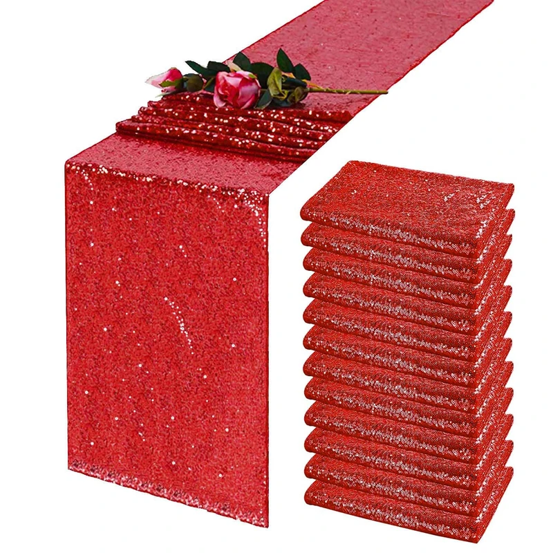 TCBESTO 12 Pack Red Sequin Table Runner 12 x 72 Inch - High Density Sparkly Glitter Table Runners for Wedding Reception, Birthday, Anniversary Banquet, Shimmering Red Party Decor