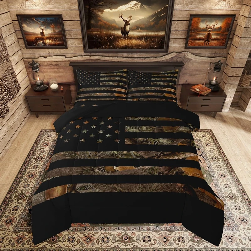 American Flag Camo Comforter Set Queen,Military Hunting Bedding Set Rustic Trees Leaves Camouflage Comforter For Boys Teens Kids Man Bedroom Nature Conifer Oak Branches Bedding Quilt Set 3 Pcs