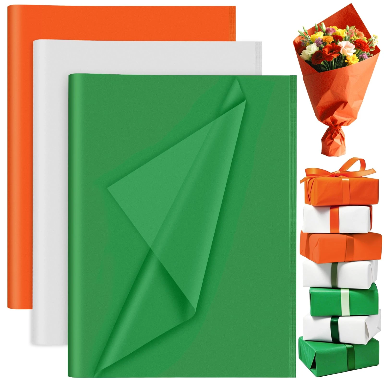 PLULON 60 Sheets Orange Green White Tissue Paper Bulks, Tissue Paper for Gift Bags for St Patrick's Day Birthday Gift Wrapping Paper Wedding Holiday Decoration