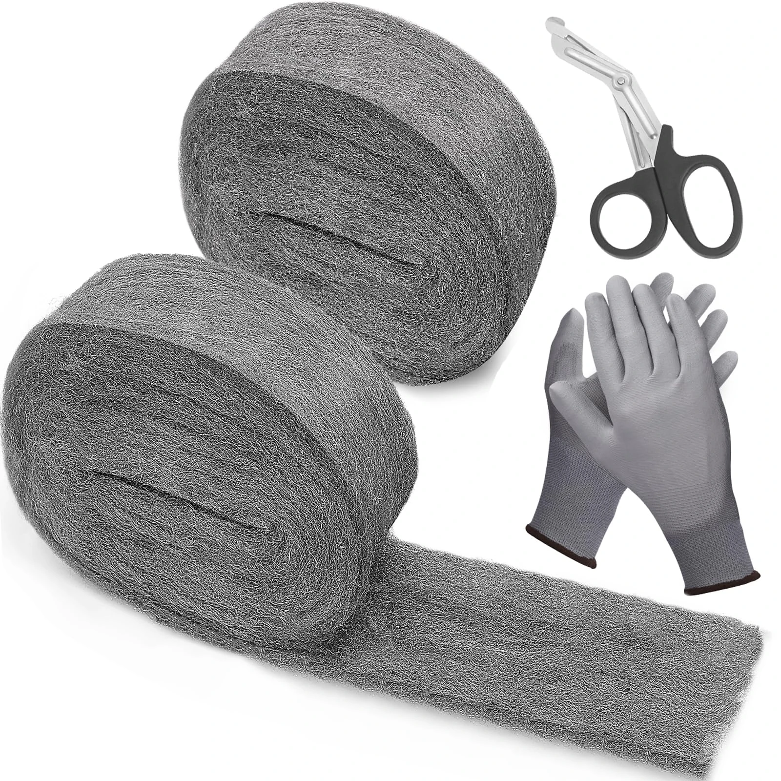 iunio Wire Wool, 2 Pack Steel Wool Mice Blocker with Gloves & Scissors, WireWool Mice for Cleaning, 0000 Steel Wool for Polishing, Rodent Control Hole Filler Wall, Kitchen, Ceiling, Garden, Attic