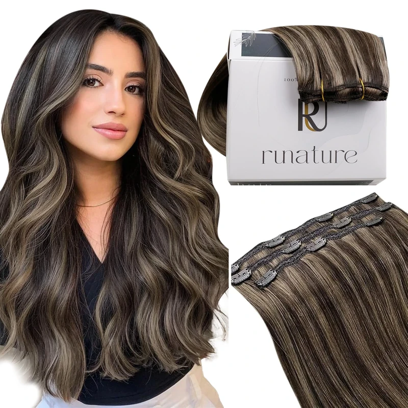 RUNATURE Clip in Hair Extensions Human Hair Highlight Ash Brown Clip in Human Hair Extensions Double Weft Clip in Extensions Real Hair 18 Inch 50g 3PCS, #2P8A Darkest Brown Light Brown